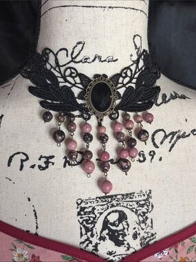 DARK ROMANTIC Genuine Rhodonite Lace Choker Handmade Whimsigoth Victorian Boho